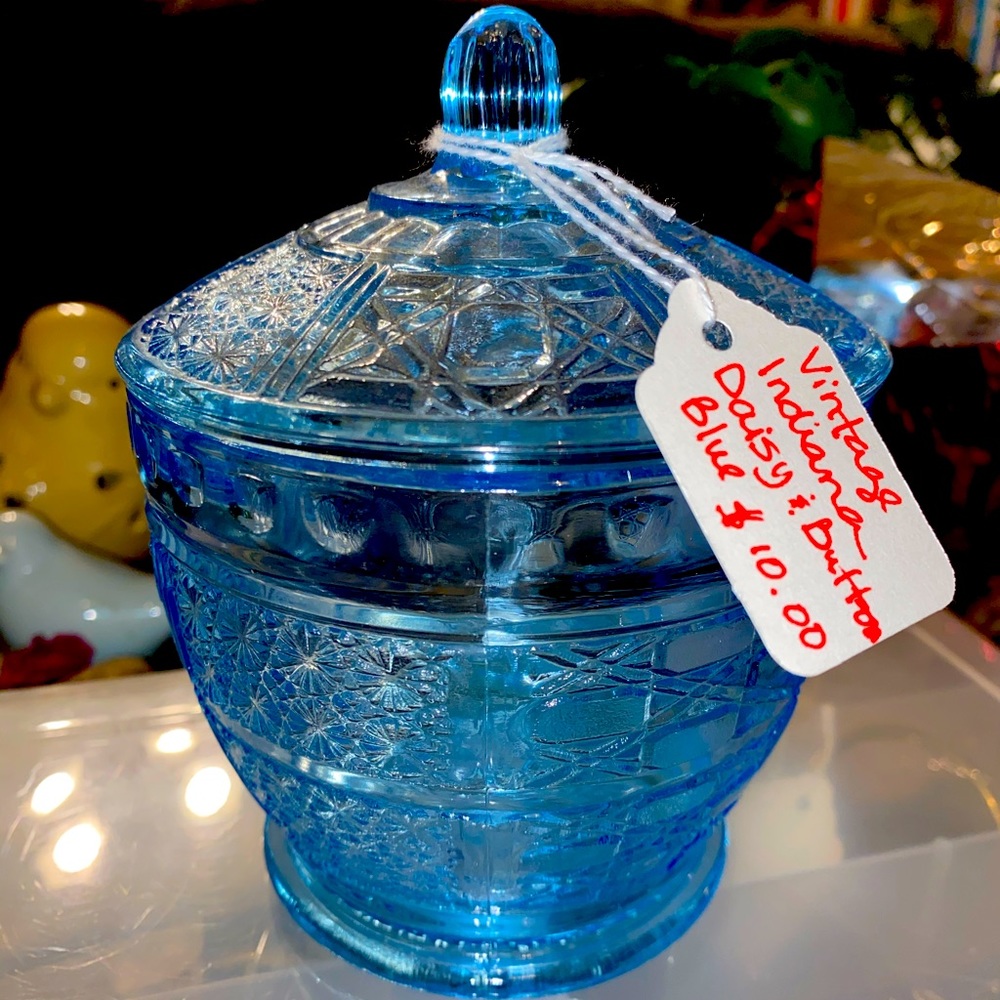 Indiana Glass Daisy and Button Blue Candy Jar